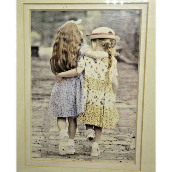 Art Print Two Girls Walking Vintage Framed Friendship Girlfriends Pastel - Picture 2 of 3